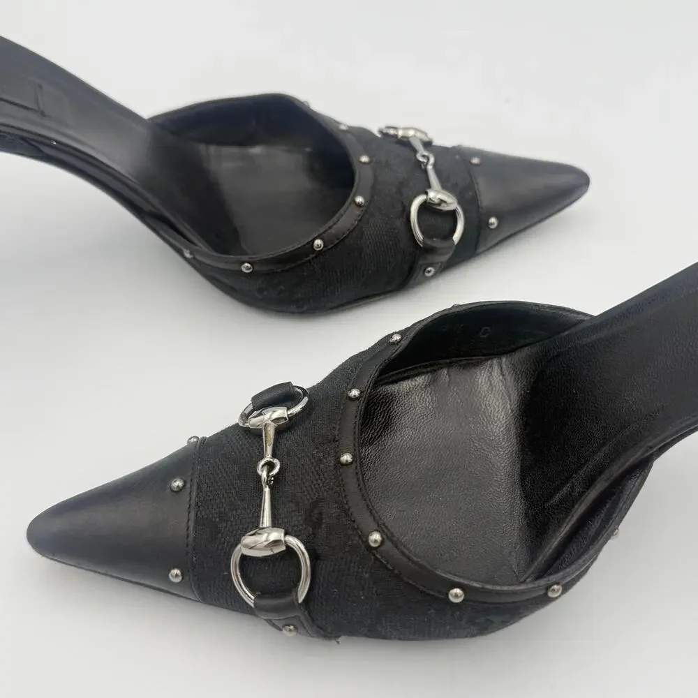 Vintage Gucci Monogram Horse bit Heels with Black Leather Cap Toe and Studs